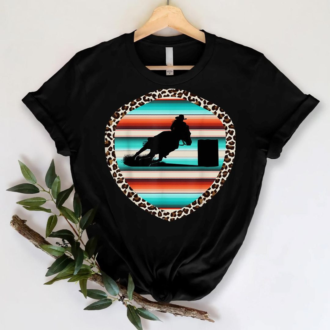 Horse Barrel Racing Serape Leopard Pattern Rodeo Cowgirl T-shirt