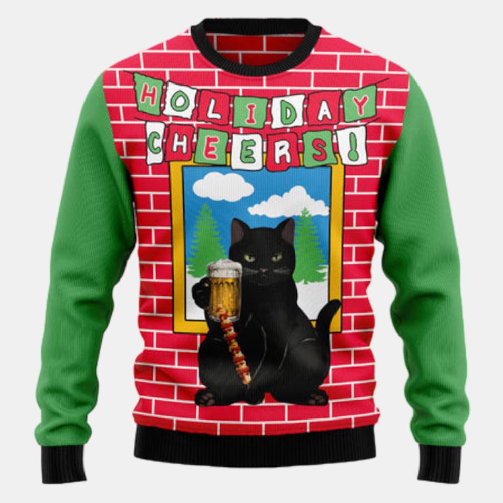Holiday Cheer Black Cat Beer Ugly Sweater