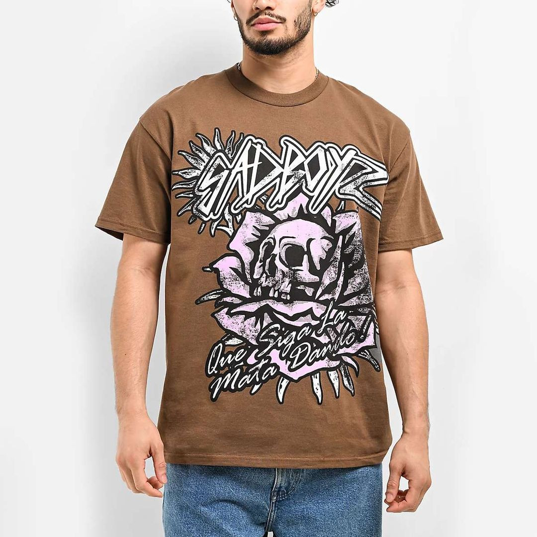 Junior H Merch Sad Boyz By Junior H Pink Roses Brown Shirt
