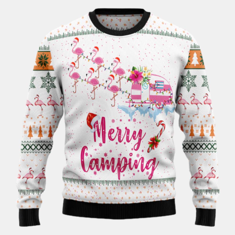 Merry Camping Flamingo Ugly Sweater