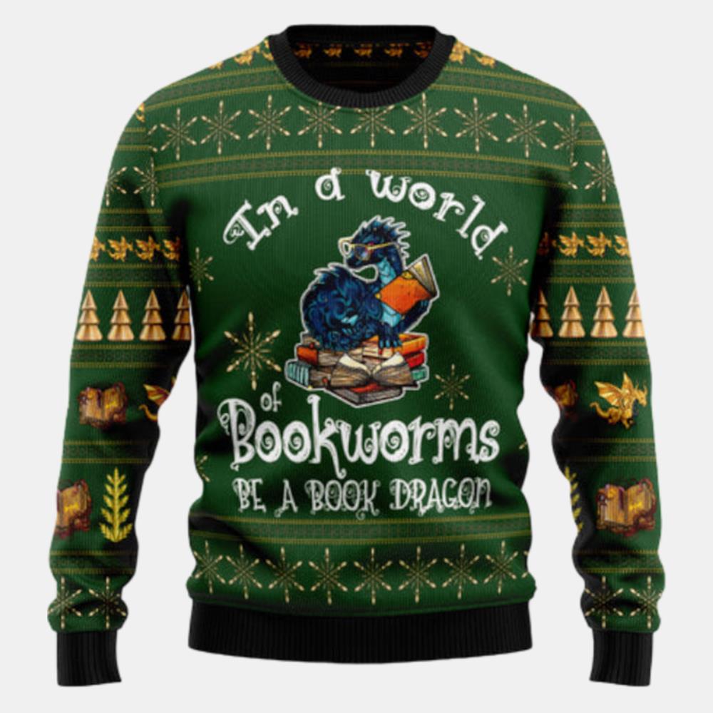 In A World Of Bookworms Be A Book Dragon Ugly Sweater