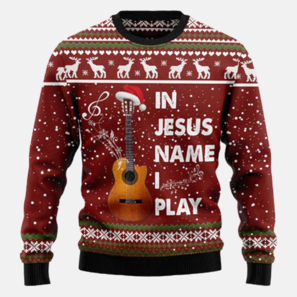 In Jesus Name I Play Guitar Ugly Sweater