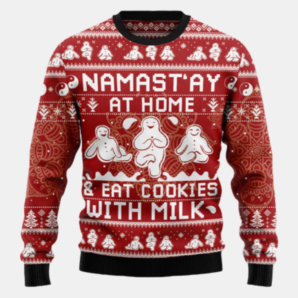 Namastay At Home Eat Cookies With Milk Ugly Sweater