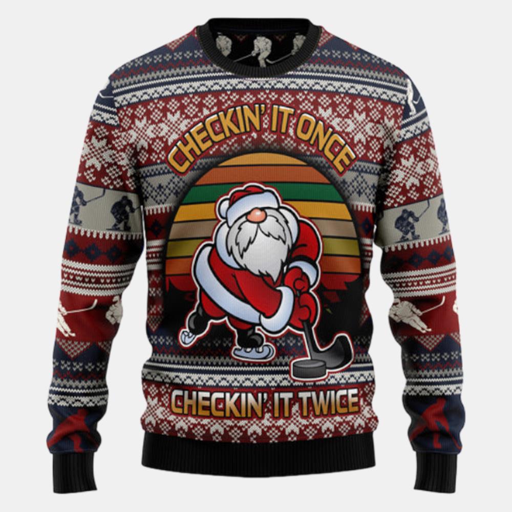 Hockey Checking It Once Checking It Twice Ugly Sweater