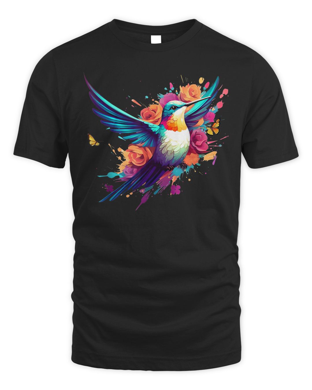 Hummingbird Design W Bright Vivid Colors & A Floral Splash Shirt